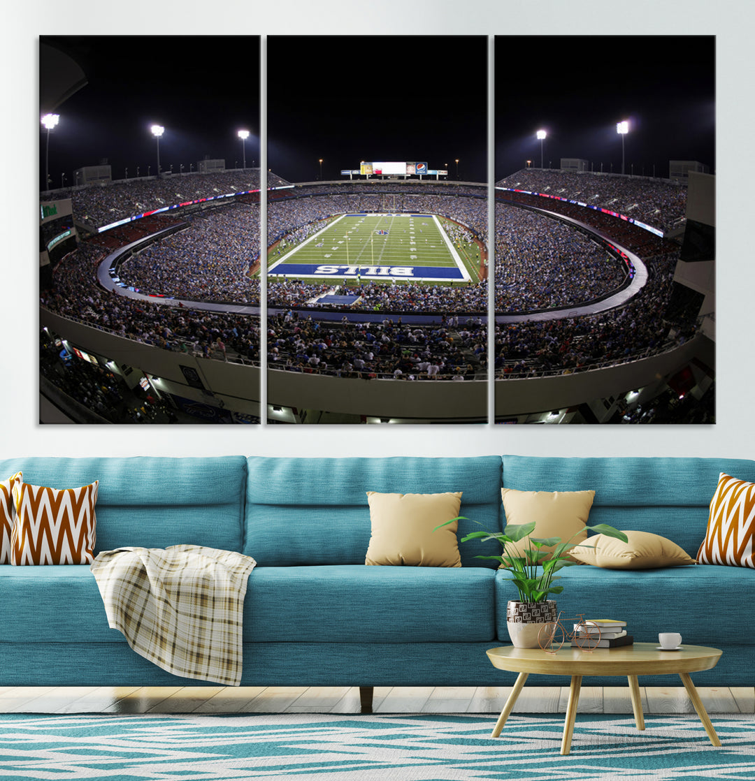 The Buffalo Bills NFL Highmark Stadium at night print captures the bright lights, conveying an exhilarating atmosphere.