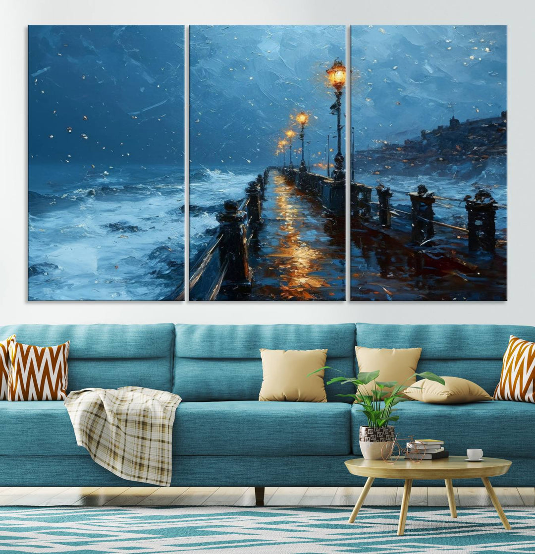 Framed 3-Panel Seaside Night Pier Oil Painting Canvas Wall Art | Ready to Hang Coastal Landscape Art for Modern Living Room, Office, or Bedroom Decor