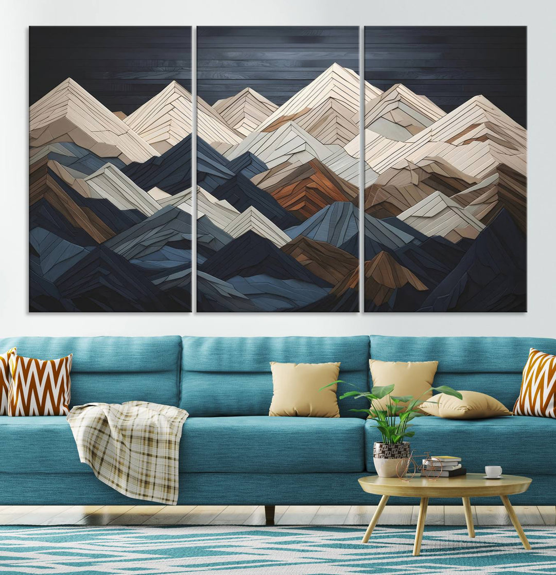 Wood Style Mountain Range Wall Art - Ready to Hang 3-Piece Set for Modern Rustic Decor, Abstract Wooden Design for Living Rooms, Bedrooms & Offices