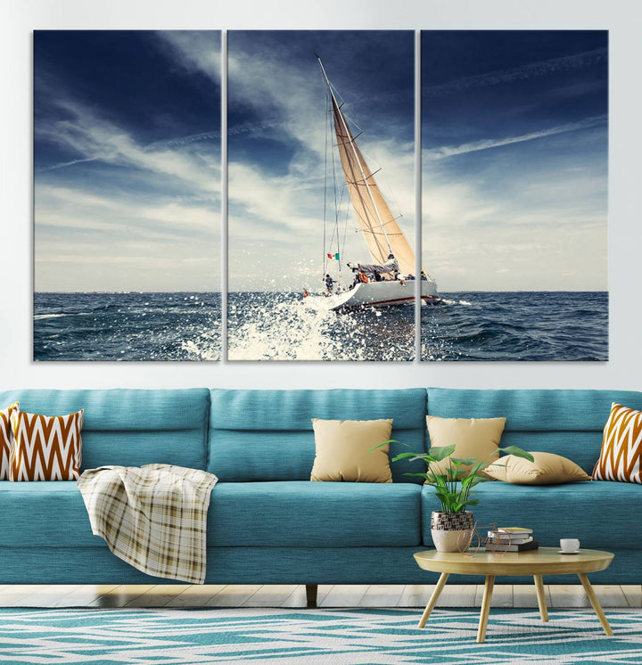 Sailboat Ocean Beach Blue Sky Wall Art Canvas Print