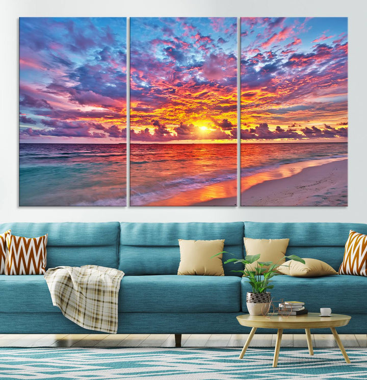 Vibrant Sunset Beach Wall Art | Ocean Sunset Canvas Print | Coastal Wall Art Decor | Ready to Hang | Stunning Sunset Scene for Home or Office Decor