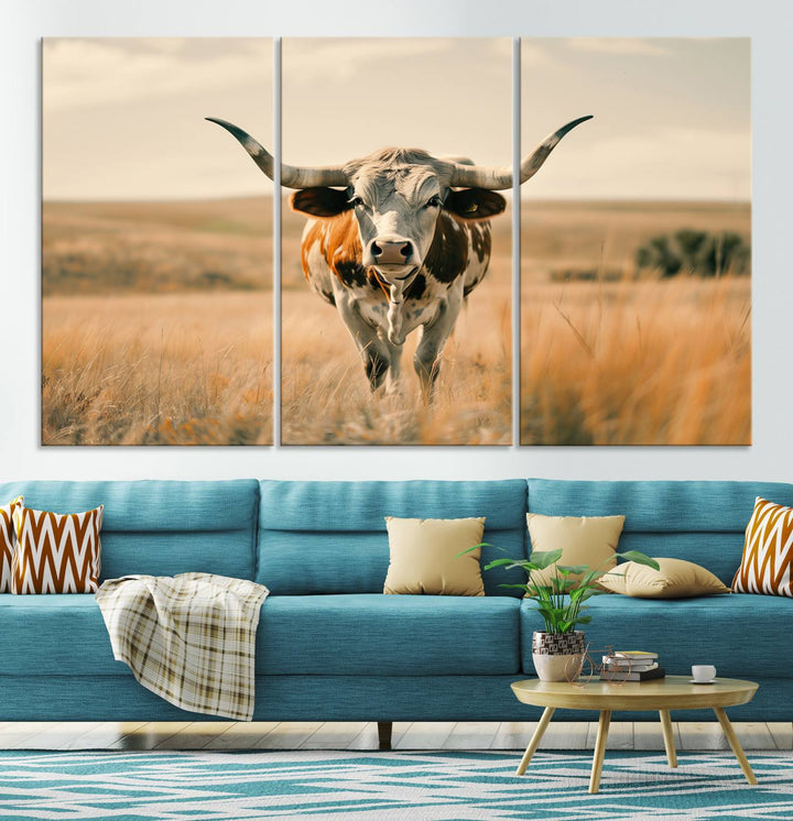 The Texas Cow Longhorn Wall Art Canvas adds rustic charm to the decor.