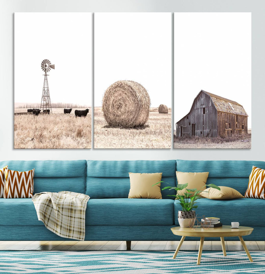 Above the couch, a Rustic Farmhouse Wall Art set depicts a barn and wheat field.