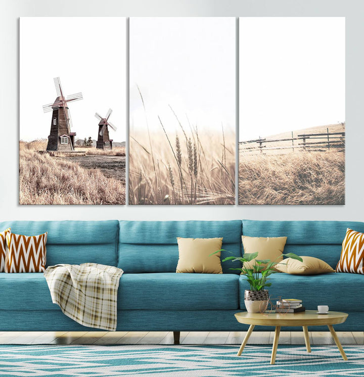 Farmhouse wall art set: 3 giclee canvas prints featuring windmills and wheat fields.