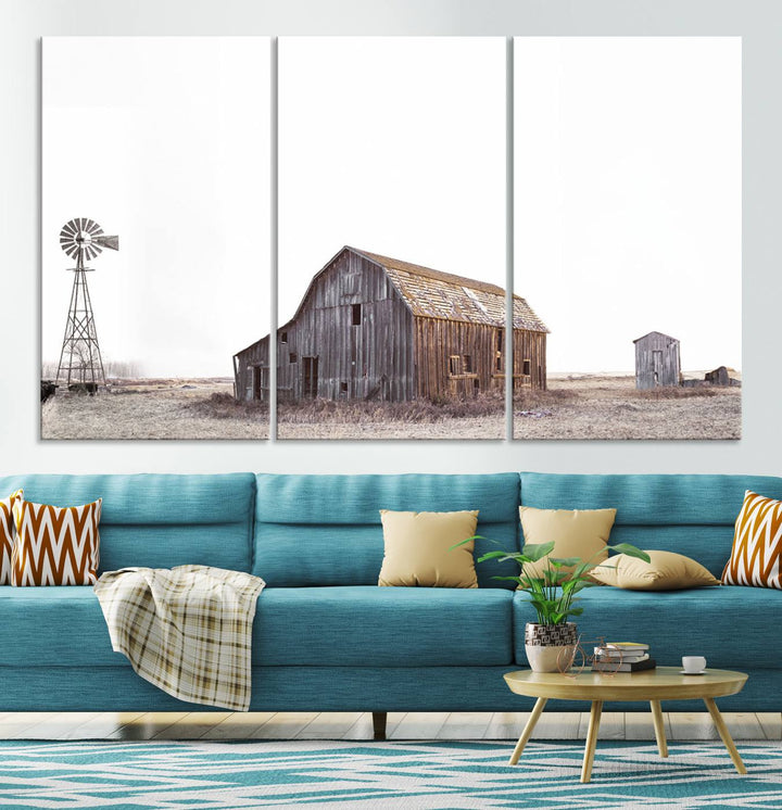 The Set of 3 Rustic Farmhouse Wall Art Prints features a barn, wheat field, and landscape.