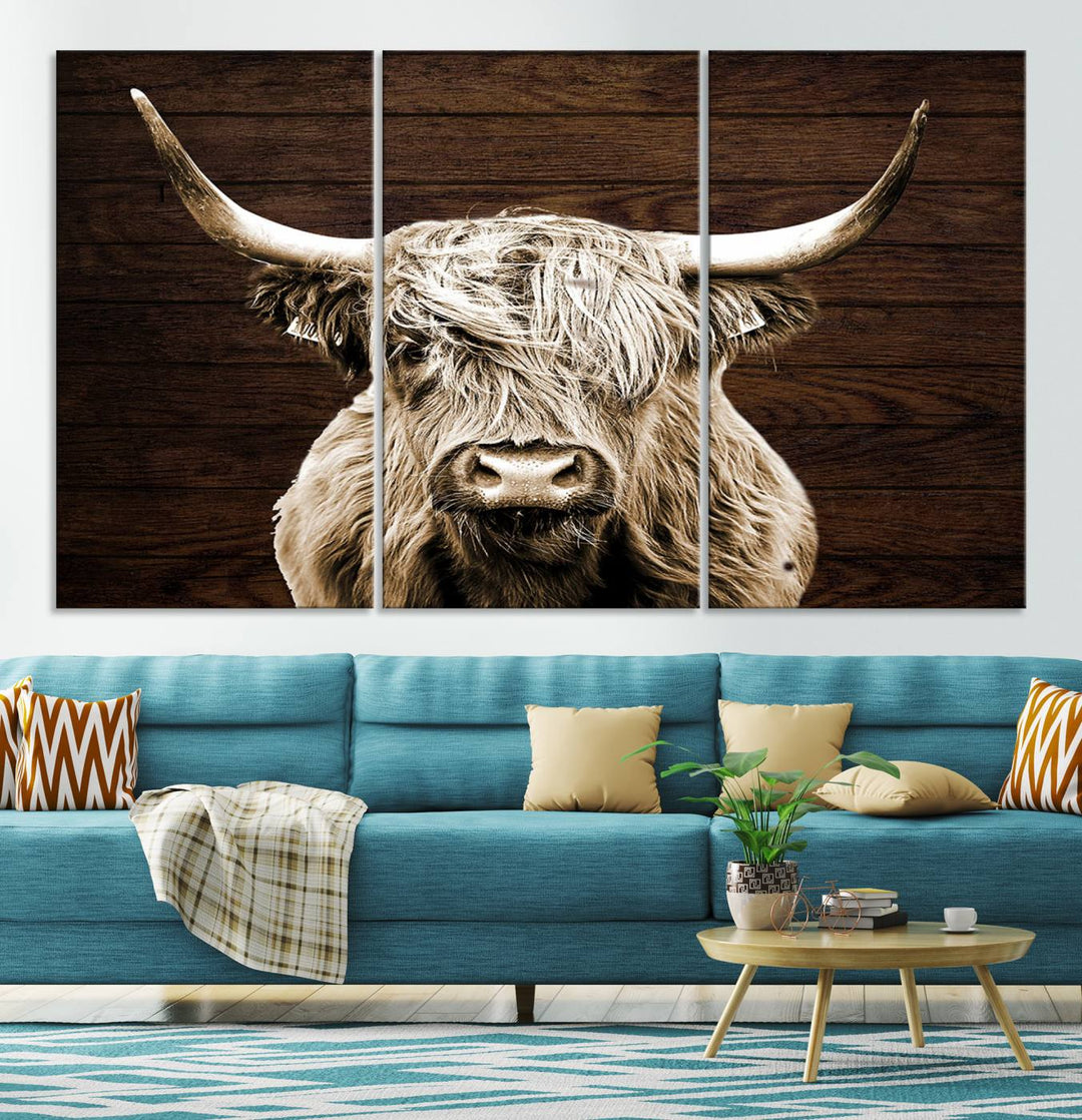 Highland Cow Wall Art Canvas Print, Rustic Farmhouse Decor, Majestic Scottish Highland Bull Portrait for Living Room – Ready to Hang