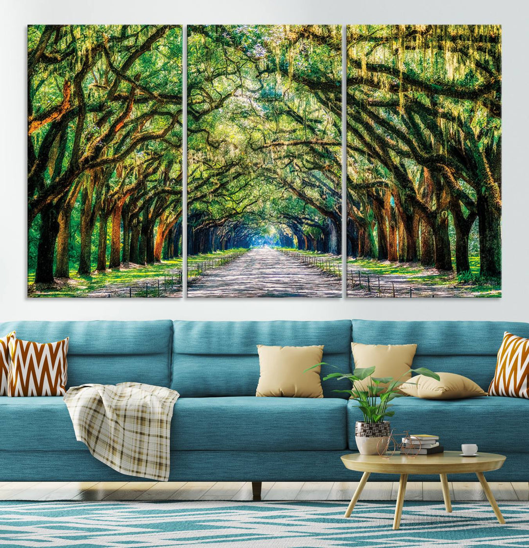 Serene Tree Tunnel Wall Art Canvas Print – Pathway Under Canopy of Lush Green Trees, Nature-Inspired Decor for Living Room – Ready to Hang