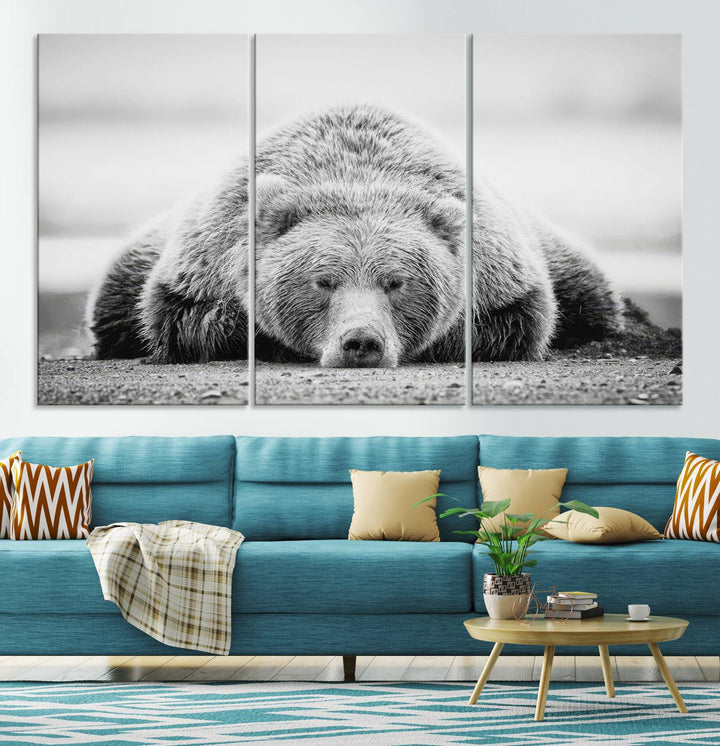 Resting Grizzly Bear wall art displayed in a modern room.