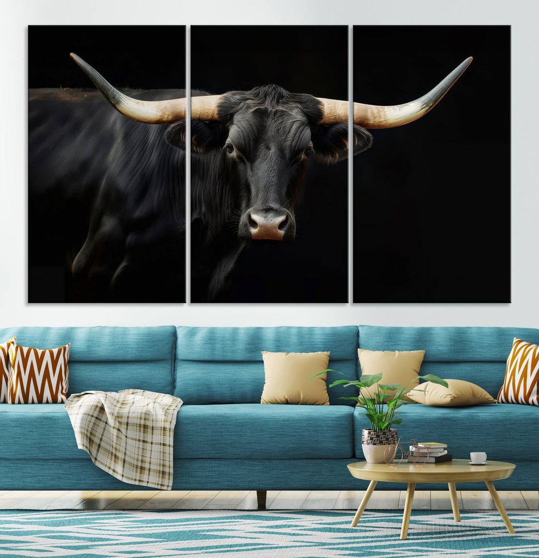 Texas Longhorn Cow | Majestic Black Bull Wall Art Canvas Print - Farmhouse Animal Decor - Ready to Hang