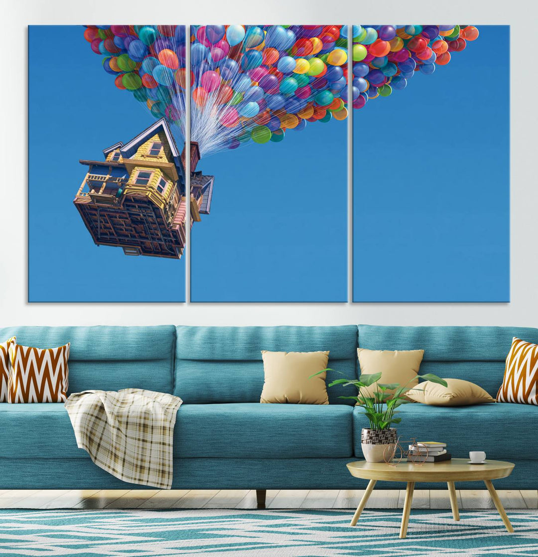 The "Carl Fredricksen, Up Movie Wall Art" features a three-panel design with a house lifted by colorful balloons, adding whimsical decor to any space.