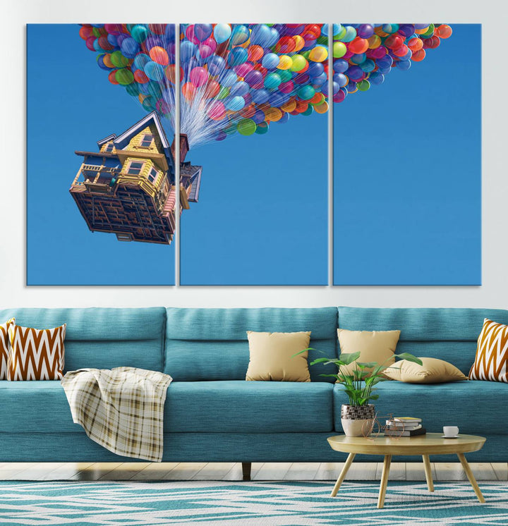 The "Carl Fredricksen, Up Movie Wall Art" features a three-panel design with a house lifted by colorful balloons, adding whimsical decor to any space.