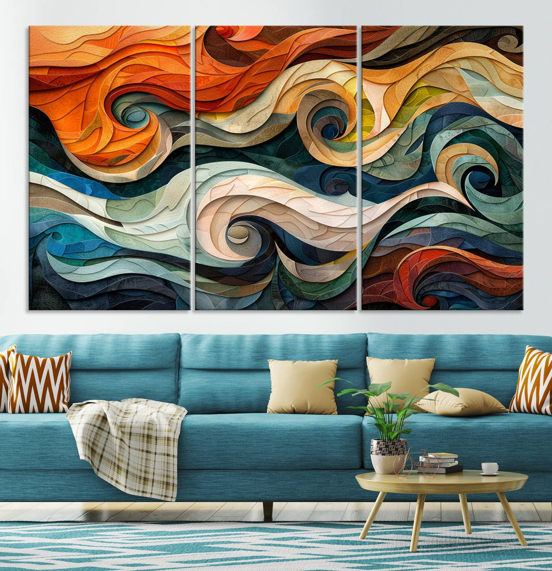 Abstract Wave Wall Art is a ready-to-hang framed canvas print featuring swirling orange, blue, and white patterns. It's perfect for adding vibrant decor to modern spaces.