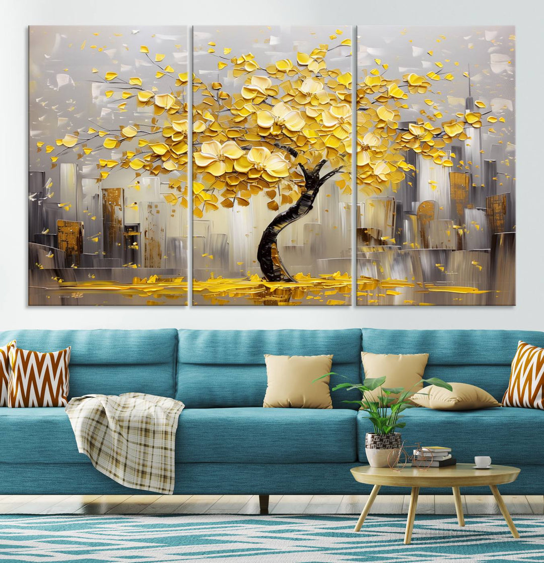 A framed canvas print from the "Golden Tree Canvas Print | Abstract Wall Art for Modern Homes | Ready to Hang Framed Artwork" collection hangs elegantly against the dark wall, epitomizing exquisite abstract wall art.