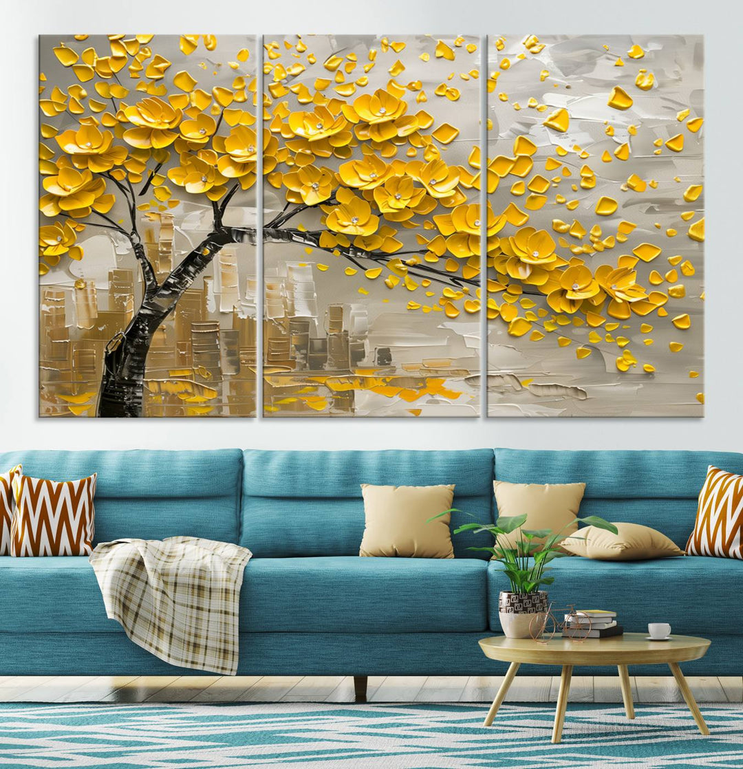 The living room showcases a Yellow Blossom Tree Canvas Wall Art, modern and floral.