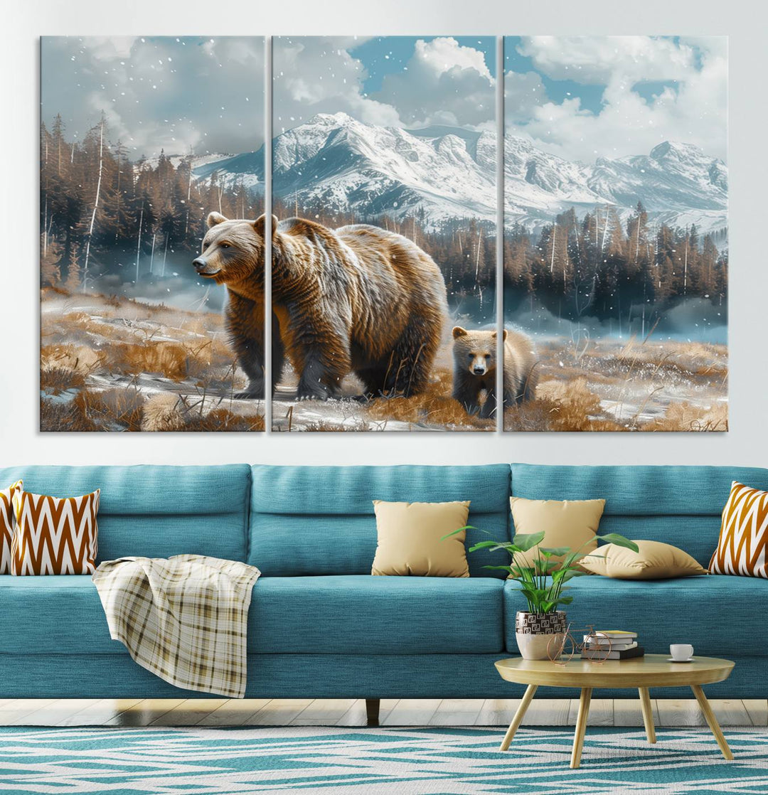 The modern living room features a Bear and Baby Bear Wall Art Canvas Print depicting a snowy mountain landscape, making it a stunning visual piece and a meaningful gift idea.