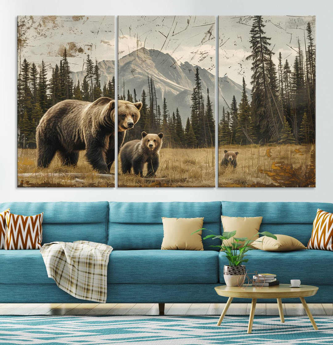 Rustic Grizzly 399: Bear Family Wall Art Canvas Print.