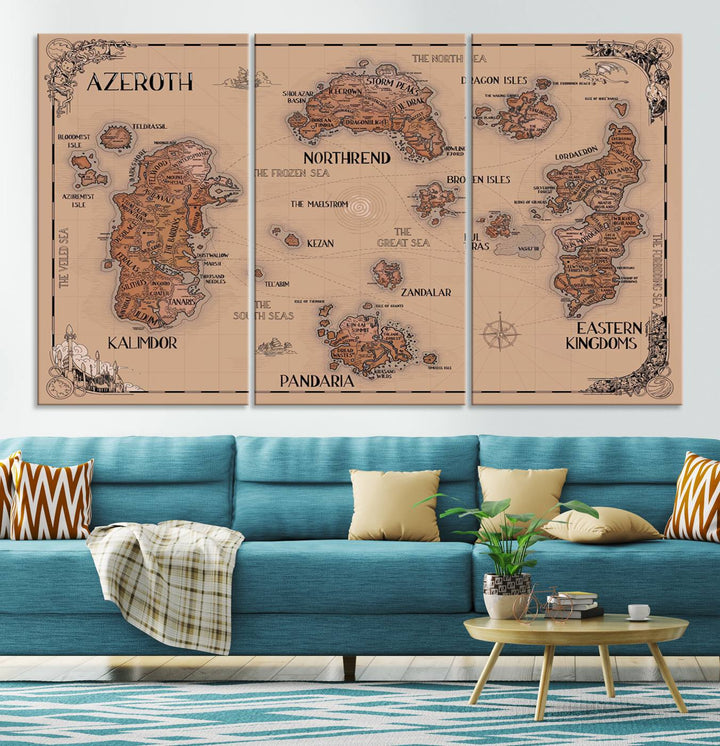 The Vintage Azeroth World Map Canvas Print, a stunning three-piece set, enhances the space with its vintage charm, perfectly complementing your gaming decor.