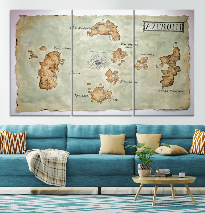 The Azeroth World Map Wall Art Canvas Print, a three-panel vintage piece, brings a cozy fantasy gaming atmosphere to the room.