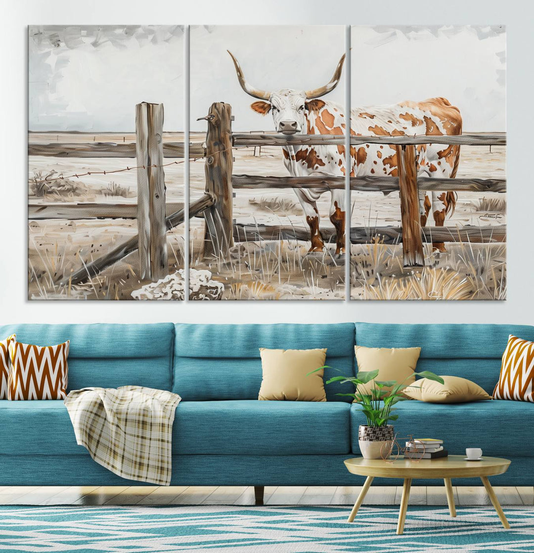 The Abstract Longhorn Cow Wall Art, a ready-to-hang framed canvas print, adds rustic charm and perfectly captures the essence of rural elegance.