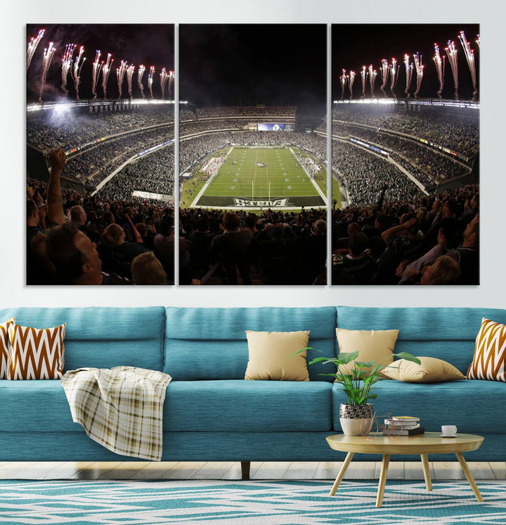 The living room features a spectacular Philadelphia Eagles Football Team Print. This wall art canvas print of Lincoln Financial Field at night captures a Philadelphia Eagles game under the dazzling brilliance of fireworks, making it an eye-catching centerpiece.