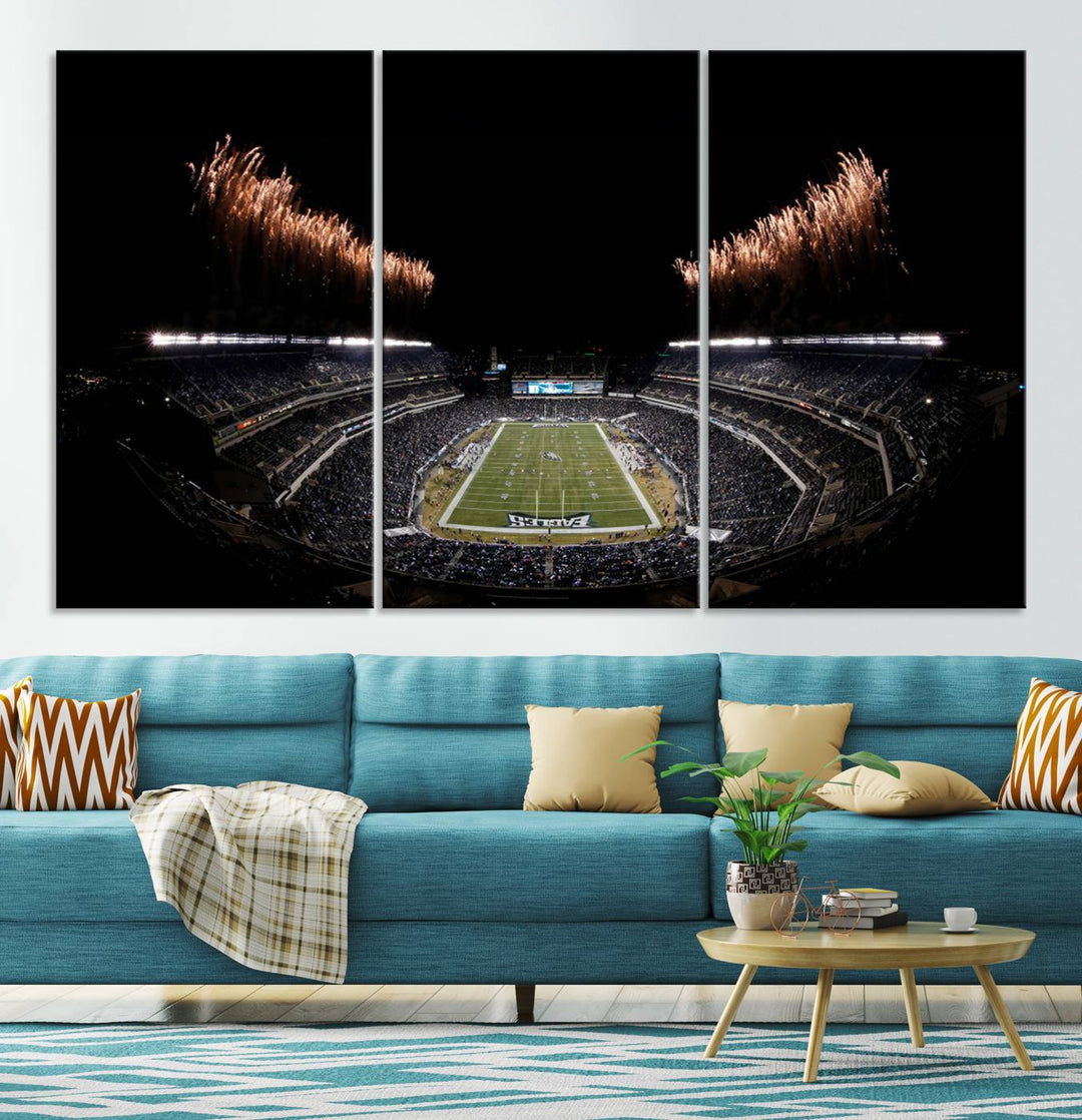 A stunning triptych wall art featuring the Philadelphia Eagles Football Team Print, capturing Lincoln Financial Field with spectacular fireworks.