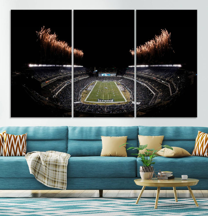 A stunning triptych wall art featuring the Philadelphia Eagles Football Team Print, capturing Lincoln Financial Field with spectacular fireworks.