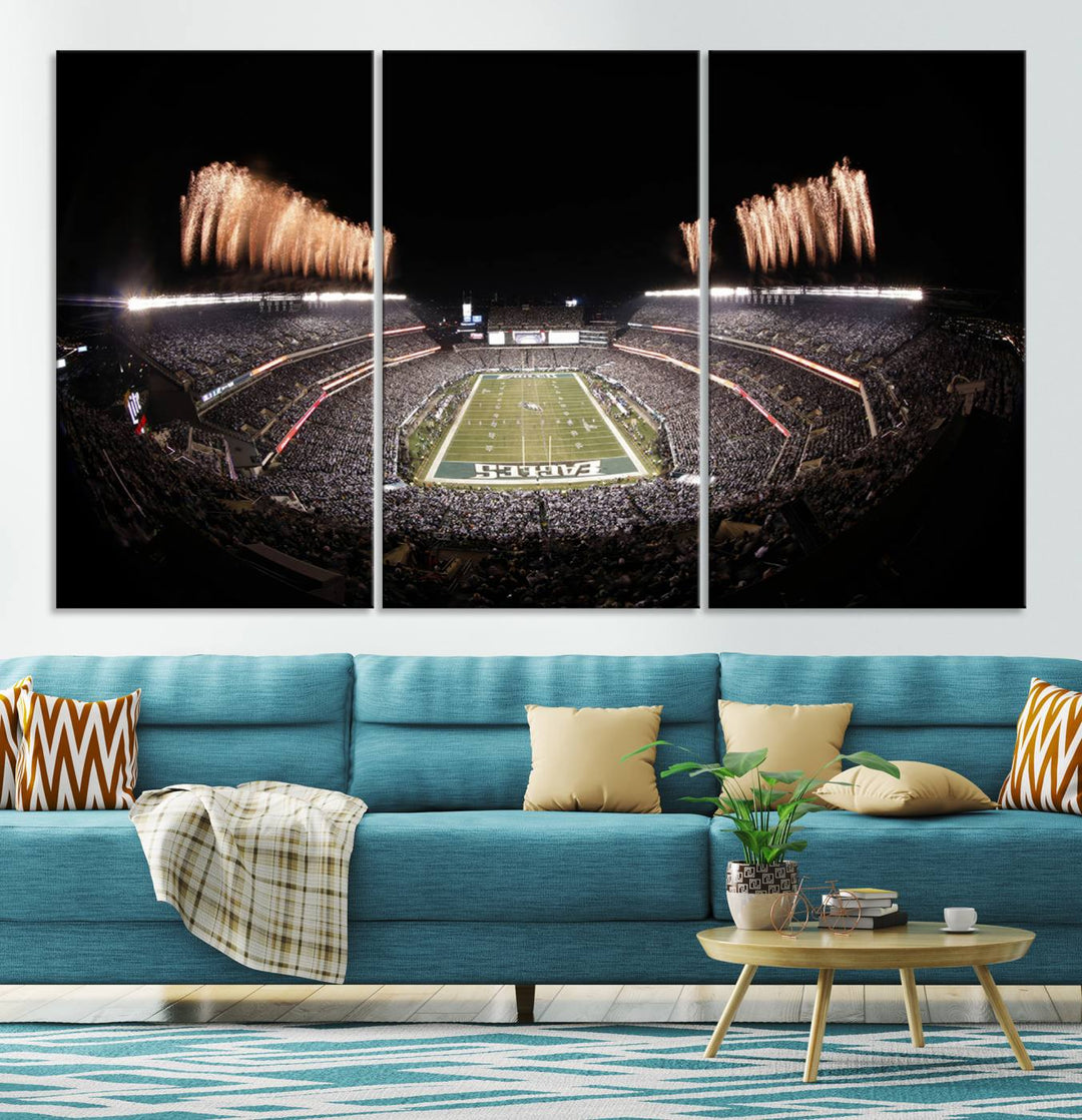 Experience the breathtaking Lincoln Financial Field Fireworks Game captured in this triple canvas wall art. A must-have for any Philadelphia Eagles fan!