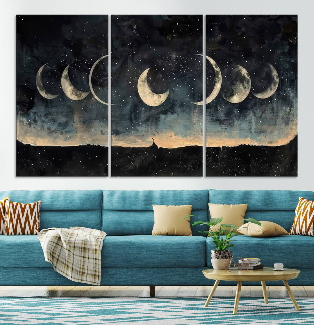 The "Phases of the Moon Wall Art," a framed canvas series capturing the celestial beauty of lunar cycles against a starry night, adds an elegant touch to the contemporary dining room.