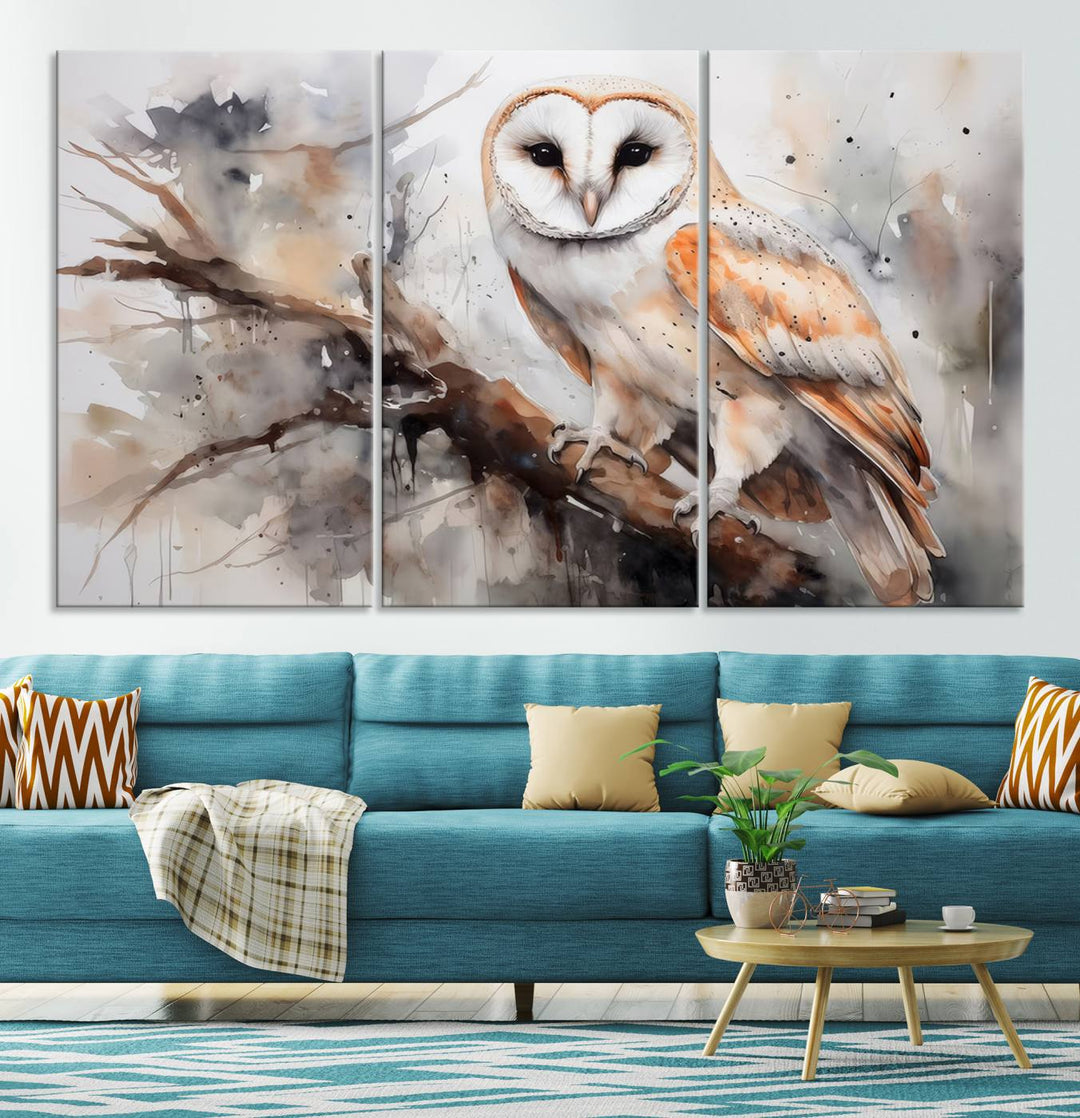 The Barn Owl Wall Art, a watercolor canvas print, elegantly adorns the wall in a modern living room, seamlessly merging farmhouse wall decor with contemporary style.