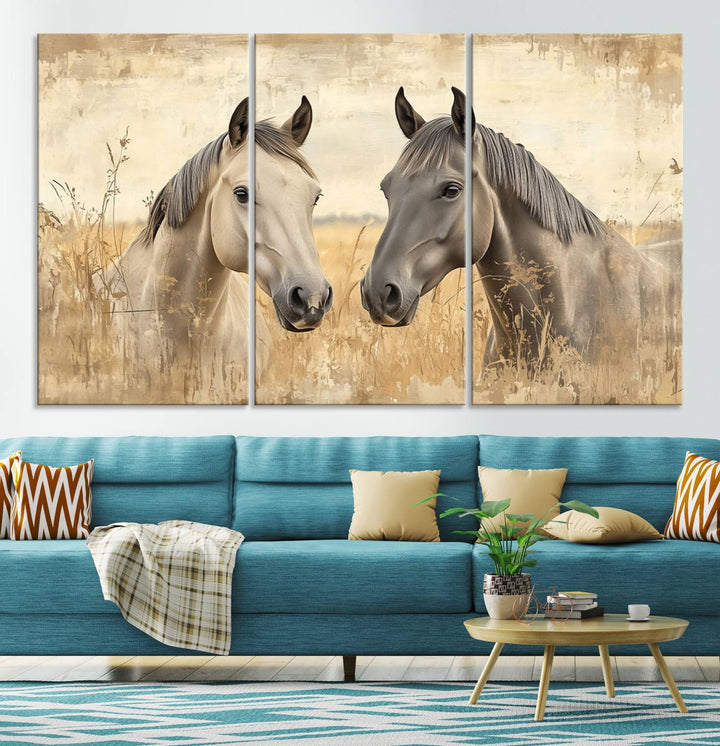 The "Chinese Ink Style Grunge Horses Wall Art Canvas Print," featuring two horses in a field, hangs prominently, highlighting its museum-quality canvas and high-resolution printing.