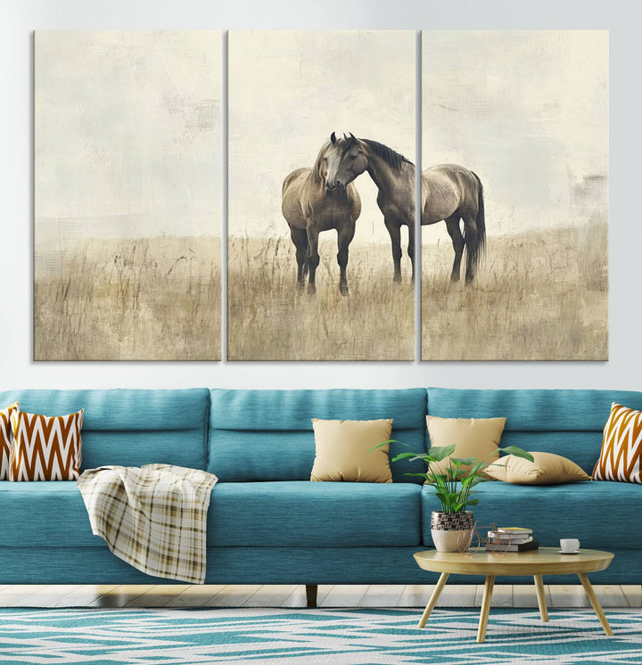 The Chinese Style Grunge Horses Wall Art Canvas Print, featuring a three-panel design of two horses in a misty field, is crafted on museum-quality canvas using high-resolution printing and hangs elegantly.