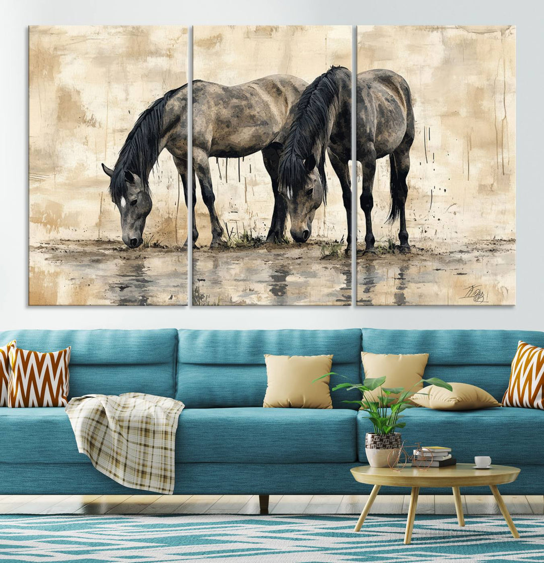 Chines Ink Style Black Horses Wall Art Canvas Print features a triptych painting of two horses drinking at the water's edge.