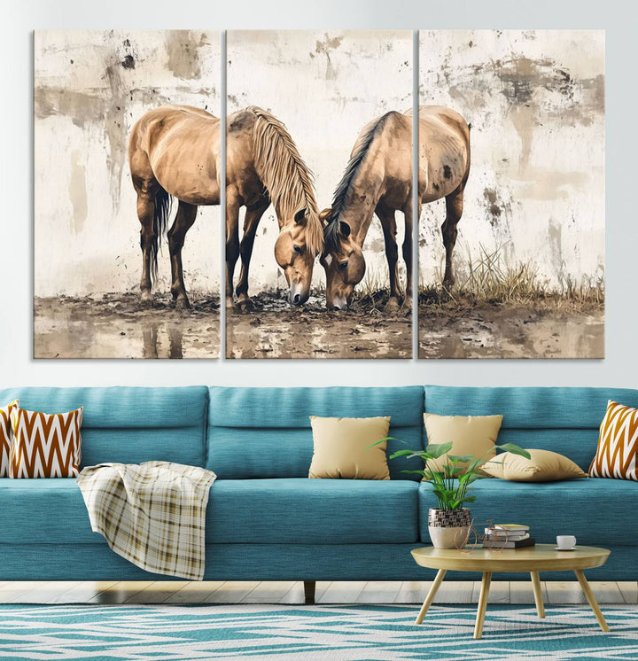 The Vintage Horses Wall Art, a ready-to-hang and framed triptych, beautifully captures two horses gracefully grazing. It perfectly complements the rustic charm of western farmhouse wall decor.