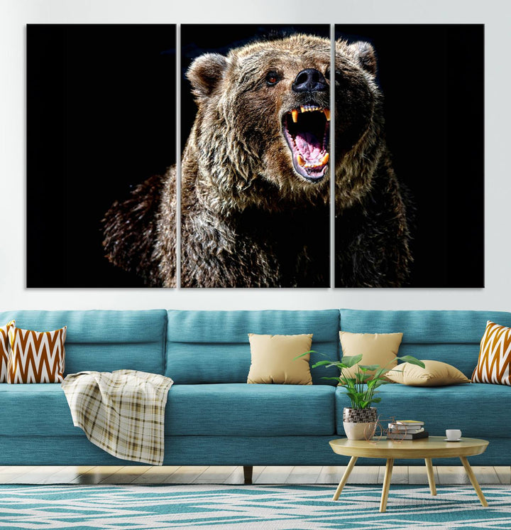 The Grizzly Bear Canvas Print, featuring wildlife wall art on a black background, is ready to hang and is perfect for rustic cabin decor.