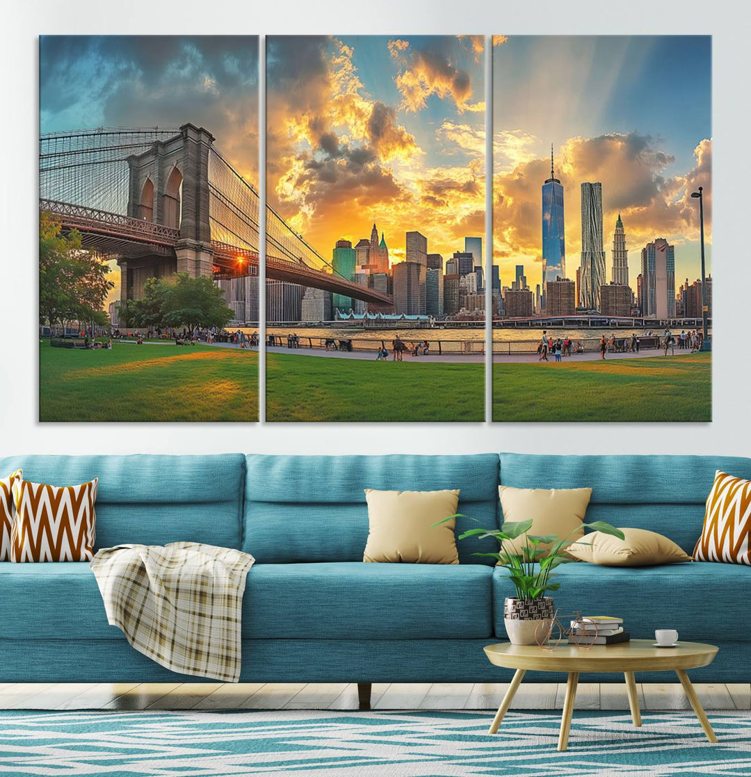 The "Brooklyn Bridge New York Skyline Wall Art" is a ready-to-hang framed canvas print that beautifully captures the cityscape at sunset, showcasing the iconic Brooklyn Bridge and majestic skyscrapers.