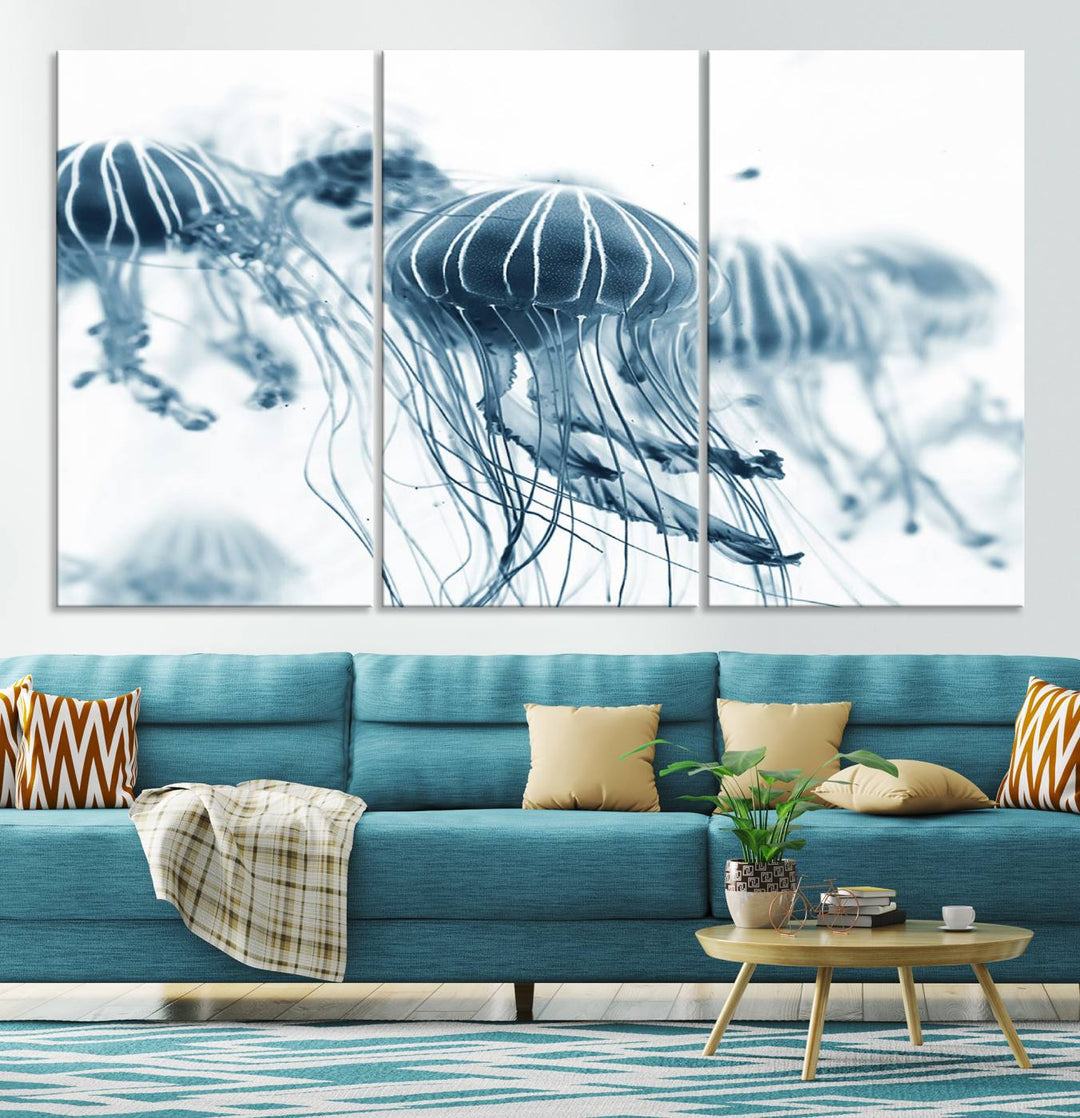 The Abstract Jellyfish Wall Art Canvas Print, a three-panel piece featuring high-resolution printing, hangs elegantly in the room, adding vibrant detail to the space.