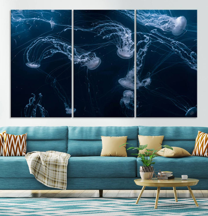 Room with modern decor, featuring the Abstract Jellyfish in Ocean Wall Art Canvas Print on museum-quality canvas.