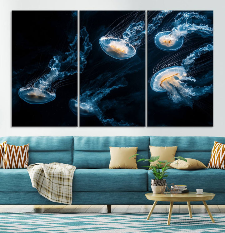 The "Jellyfish Wall Art Canvas Print," featuring a sea-themed design of glowing jellyfish, is displayed in high-resolution on museum-quality canvas.