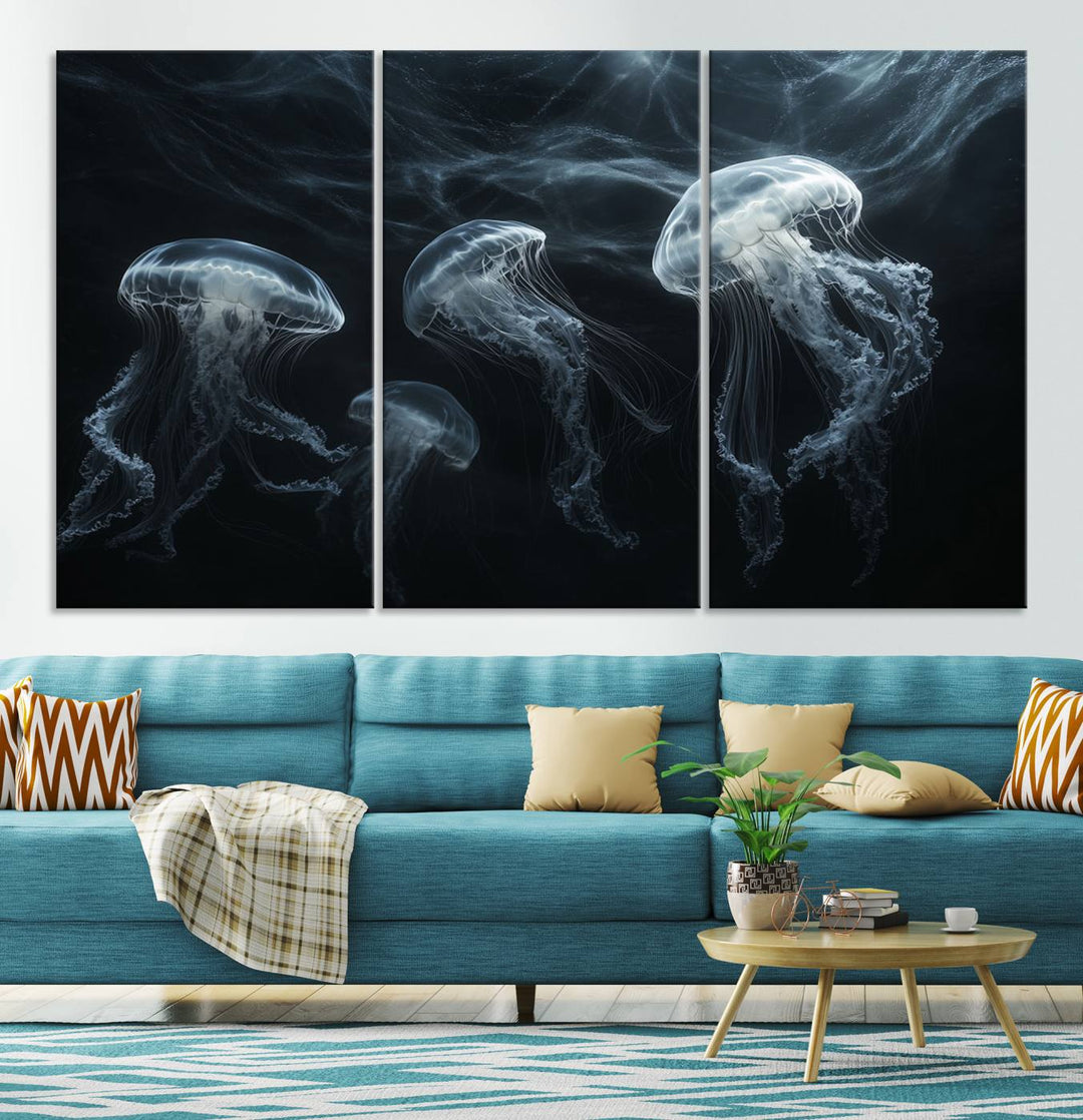 The Jellyfish Wall Art Canvas Print features glowing jellyfish in vibrant colors on museum-quality canvas.