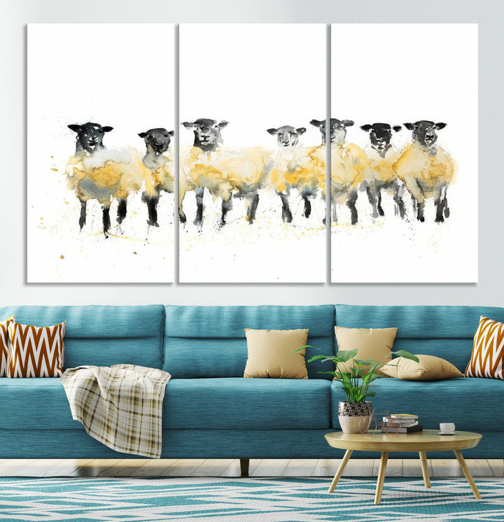 The Farmhouse Wall Art Sheep Print, ready to hang as a framed canvas, adorns the black wall, adding a hint of rustic barn decor.