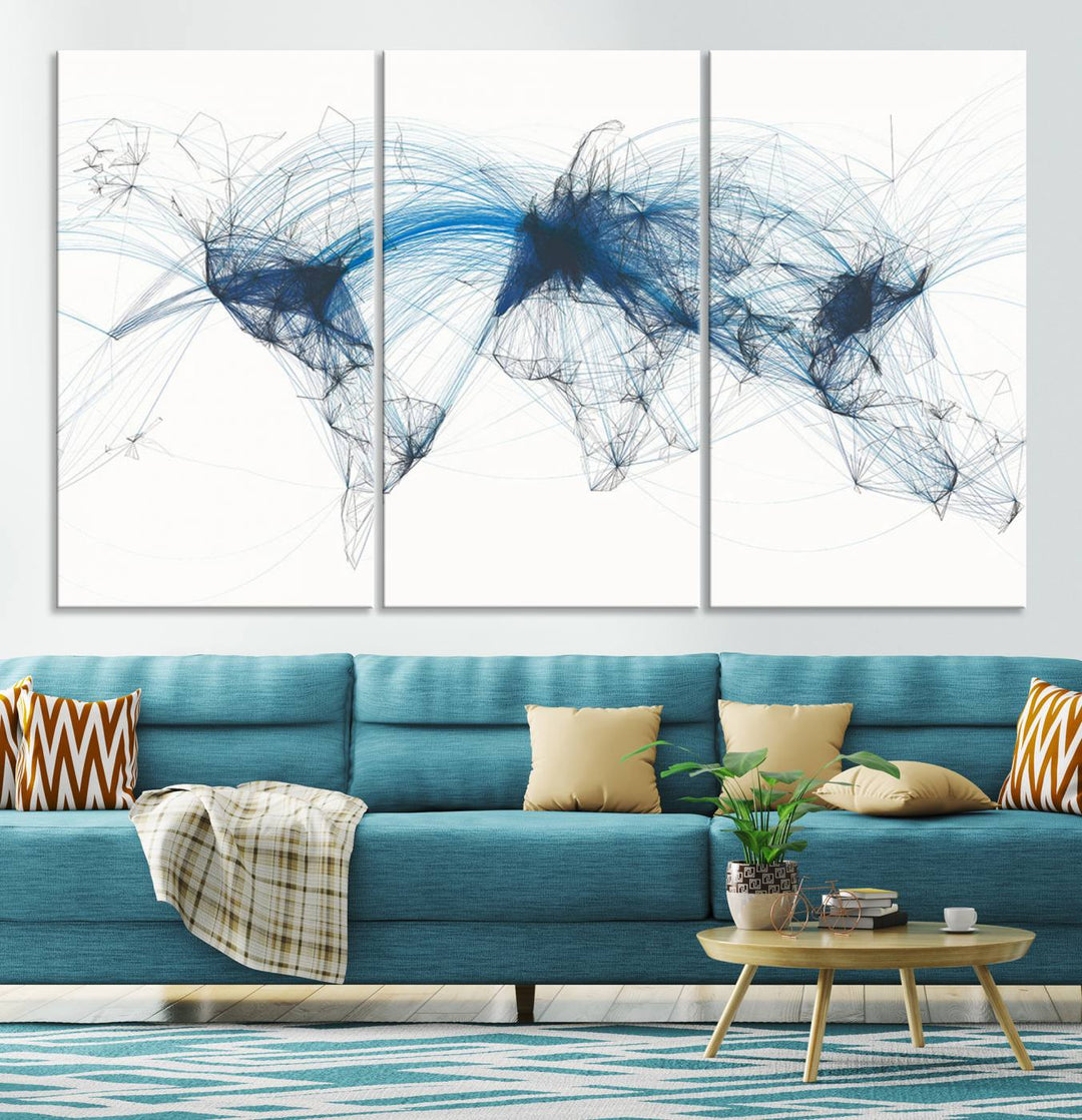 The Aviation Flight Map Wall Art is a set of three abstract panels featuring a world map with blue lines, resembling a flight map. Ideal for aviation enthusiasts, this ready-to-hang framed air traffic art print enhances the appeal of modern decor.