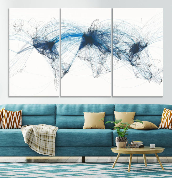 The Aviation Flight Map Wall Art is a set of three abstract panels featuring a world map with blue lines, resembling a flight map. Ideal for aviation enthusiasts, this ready-to-hang framed air traffic art print enhances the appeal of modern decor.