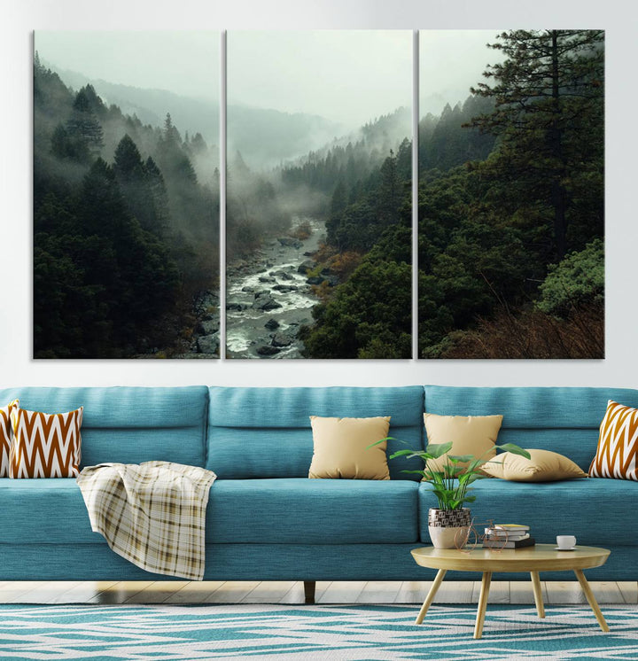 Misty Forest Wall Art | Ready to Hang and Framed | Tranquil Nature Landscape for Living Room or Cabin Wall Decor