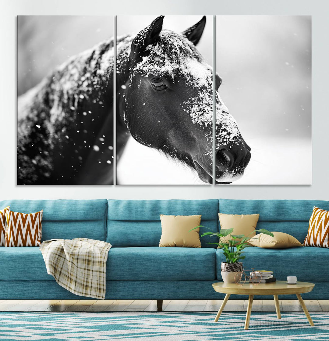 A set of Winter Horse Snow Wall Art Canvas Prints hangs, creating the perfect touch of Rustic Cabin Decor.