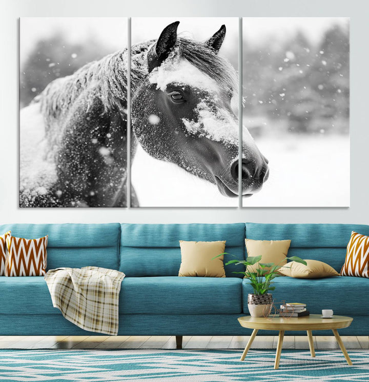 The Black Horse Winter Wall Art, framed and ready to hang, is beautifully displayed as farmhouse and western wall decor.