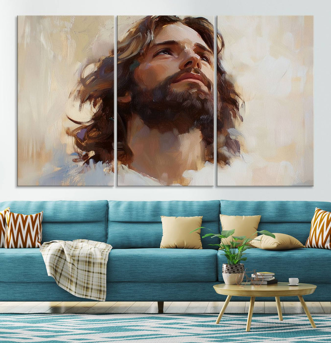 The "Jesus Christ Portrait Wall Art," a ready-to-hang and framed canvas print, features a bearded man with long hair looking upward, creating an inspirational spiritual atmosphere.