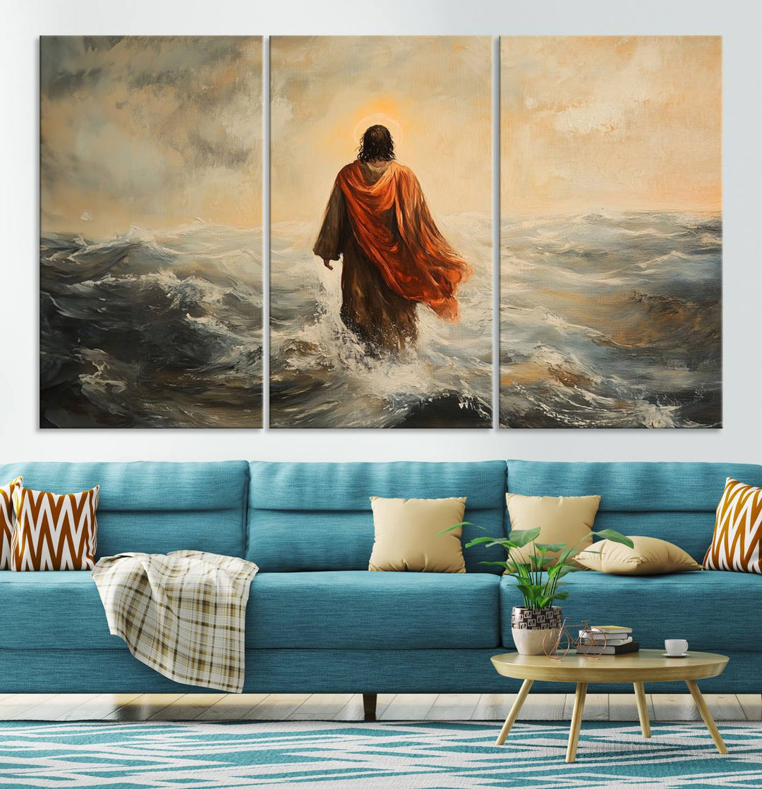 This triptych wall art, titled "Jesus Walking on Water," presents a figure in a red cloak crossing turbulent seas. It is perfect for those looking for religious home decor with a contemporary flair.