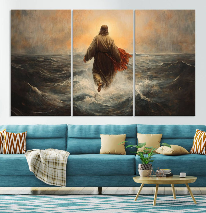 A modern living room is adorned with a triptych titled "Jesus Walking on Water, Christian Wall Art, Jesus Christ Walking on Oil Painting Style Print." The artwork, presented on museum-quality canvas, showcases vibrant colors and exquisite detail.