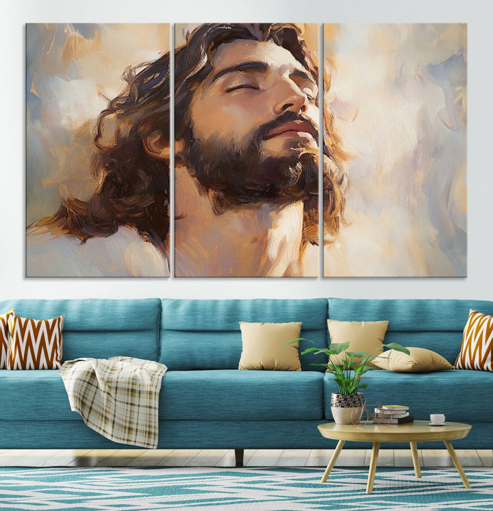 This museum-quality canvas print, titled "Jesus Portrait," features an oil painting style depiction of Jesus Christ with a closed-eyed expression. The high-resolution printing captures every detail beautifully.