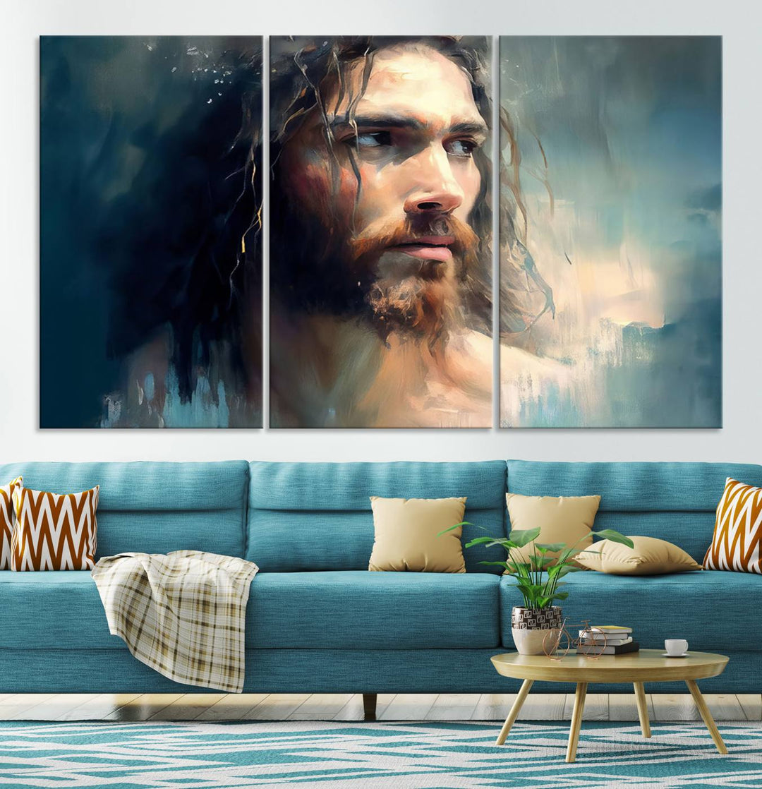 The Jesus Portrait Wall Art Canvas Print, featuring a depiction of a man with long hair and a beard, is showcased on a wooden wall. This Christian Wall Art is rendered on museum-quality canvas, highlighting the mastery of high-resolution printing in an oil painting style.